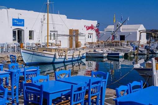 Naousa, GR - 2 August 2023: Harbor of fishing village Naousa, in the Cyclades