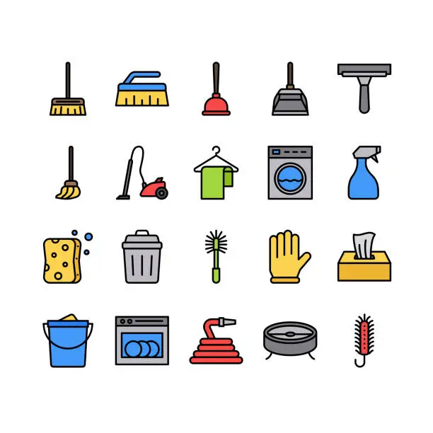 Vector illustration of Cleaning tools filled outline icon set