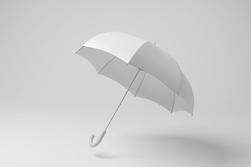 White umbrella floating in mid air on white background in monochrome and minimalism. Illustration of the concept of rainy weather, asset and family protection