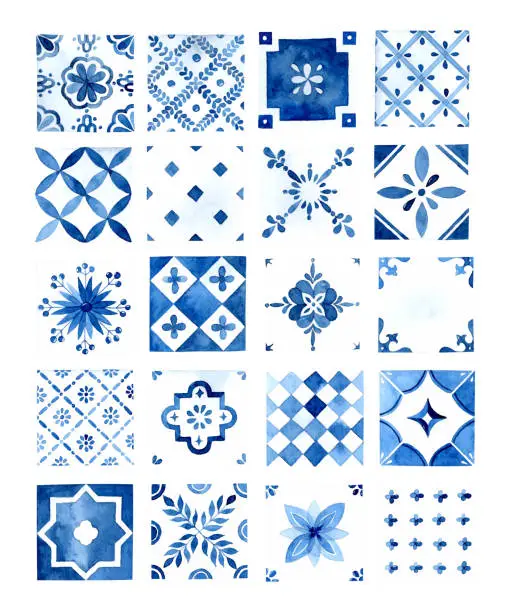 Vector illustration of Watercolor Mediterranean blue tiles hand drawn elements set isolated