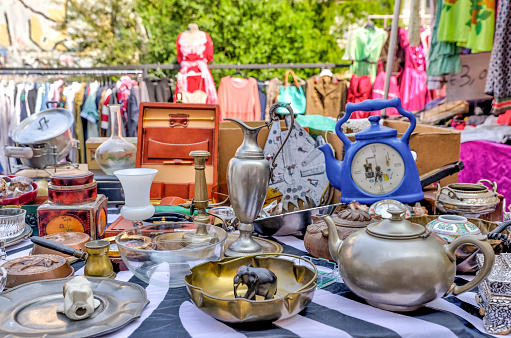 Outdoor garage sale or flea market, outdoors in a small village in France