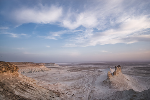 Panorama of hills and ridges with limestone and chalk slopes in the Kazakh steppe, relief folds in the desert tract of Boszhira