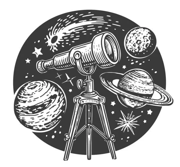 Vector illustration of Space exploration. Telescope, stars and planets. Astronomy concept. Vintage vector illustration