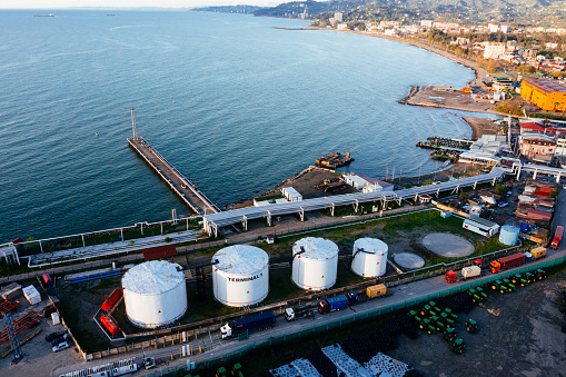 Oil or petroleum storage tanks, aerial drone view.