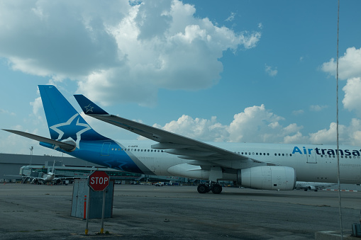 Air Transat airplane on tarmac of Pearson Airport in Toronto Canada