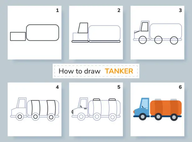 Vector illustration of Drawing tutorial. How to draw gasoline truck.