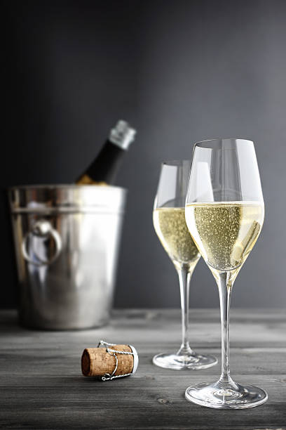 Two glasses of champagne, Cooler and Cork stock photo