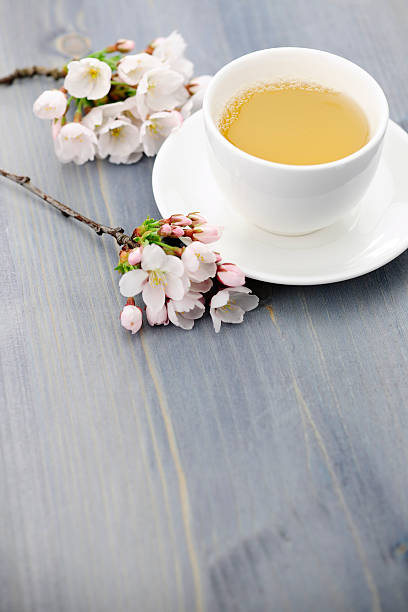 컵 그린 티, 일본 벚꽃 - green tea cherry blossom china cup 뉴스 사진 이미지