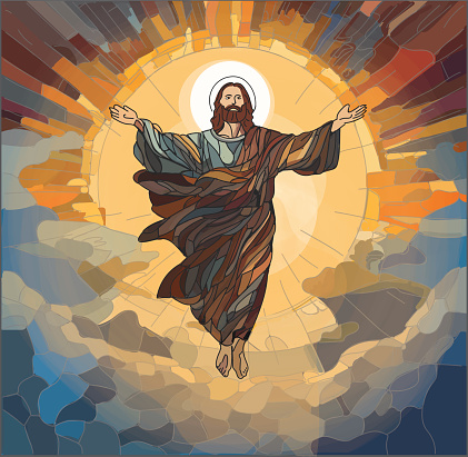 Vector illustration of Jesus Christ in the clouds with heavenly light in background.