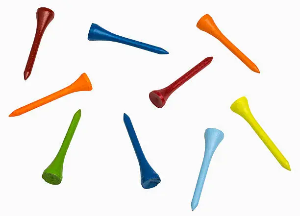 Colorful golf tees isolated on white, includes clipping paths