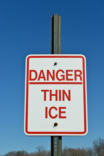 Danger thin ice  warning sign by a lake near woods.