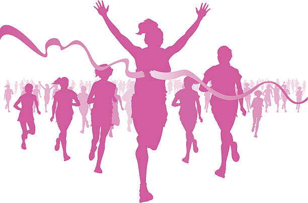 Pink silhouettes of women running, crossing the finish line vector art illustration