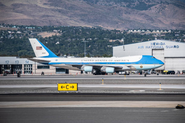 Reno, Nevada - August 25, 2023: Air Force One on the ramp in front of the Nevada Air National Guard hanger at KRNO. President Biden was visiting Lake Tahoe in Glenbrook, NV.