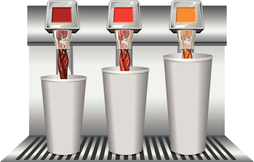 Vector illustration of fountain drinks of varying size and flavours being poured