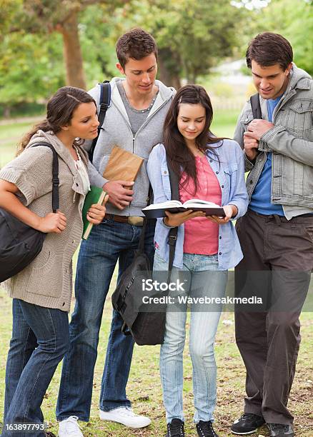 Studenti Con Libri E Studiando - Fotografie stock e altre immagini di Abbracciare una persona - Abbracciare una persona, Albero, Ambientazione esterna