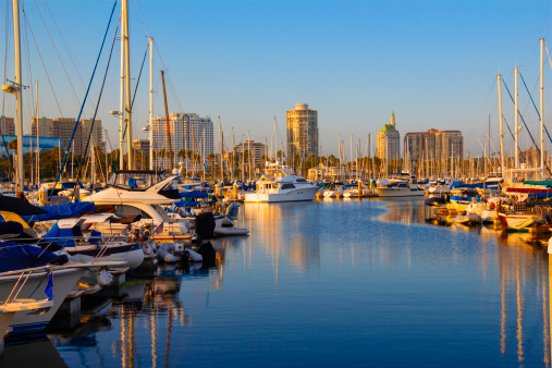 Marina with skyline of Long Beach and featuring the historic Villa Riviera building. California
