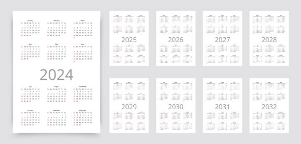2024, 2025, 2026, 2027, 2028, 2029, 2030, 2031, 2032 years calendars. Set of layouts yearly planners. Vector illustration. Calendar for 2024, 2025, 2026, 2027, 2028, 2029, 2030, 2031 2032 years. Calender template. Week starts Sunday. Planner layout with 12 months. Yearly diary. Organizer in English. Vector illustration may 24 calendar stock illustrations