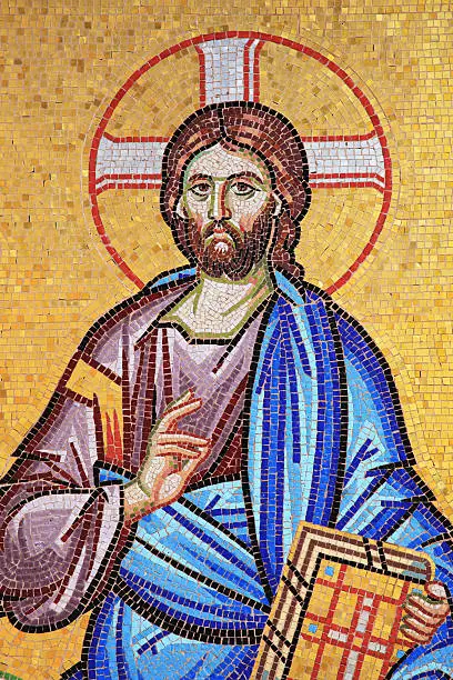 Mosaic of Jesus Christ from the exterior of  the ancient Kykkos Monastery in the Troodos Mountains Cyprus
