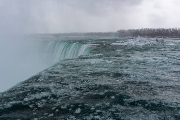 The icy cold Niagara Falls in winter, US Border, Ontario