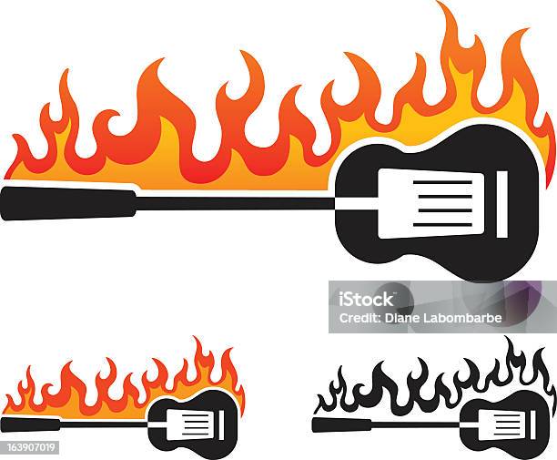 Гриль И Барбекю Значки И Кухонная Лопаточка И Пламя Над Гитара — стоковая векторная графика и другие изображения на тему Барбекю
