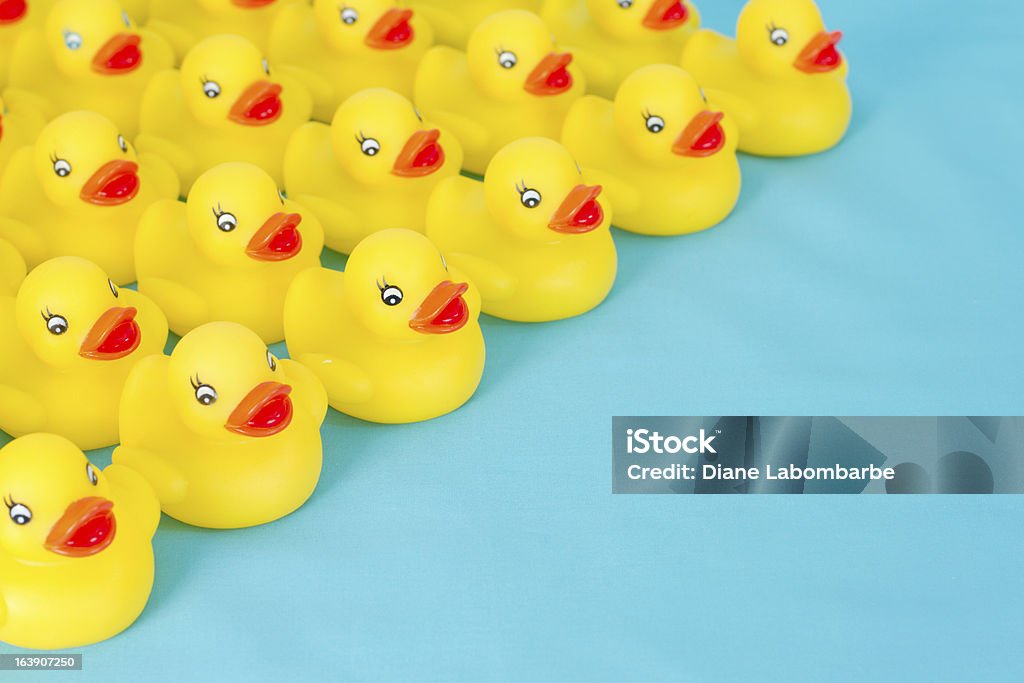 Many rows of yellow rubber ducks on light blue background. ++NOTE: these are common dollar store toys. Rubber Duck Stock Photo