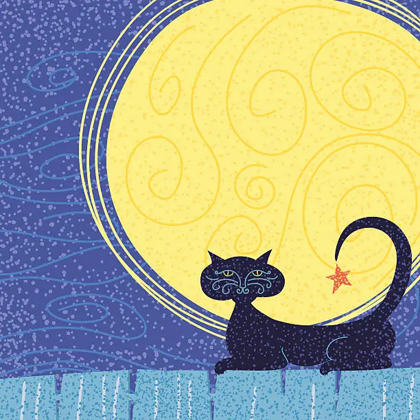 Vector illustration of Cute Cat Sitting On A Fence In The Moonlight