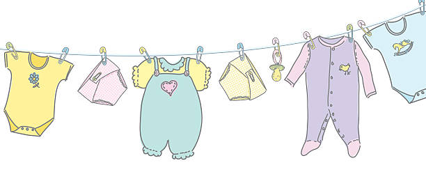 skizzenhafte baby kleidung hängen auf einer wäscheleine - babybekleidung stock-grafiken, -clipart, -cartoons und -symbole