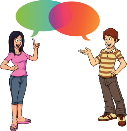 A couple of teens having a conversation. Vector illustration with simple gradients. No transparencies. All elements on separate layers for easy editing.