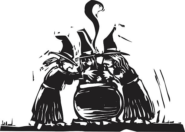 An illustration of three black and white witches Three witches stand over a boiling cauldron. william shakespeare stock illustrations