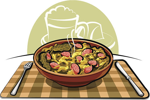 ilustraciones, imágenes clip art, dibujos animados e iconos de stock de col fermentada en salmuera con salchichas - lunch sausage breakfast bratwurst