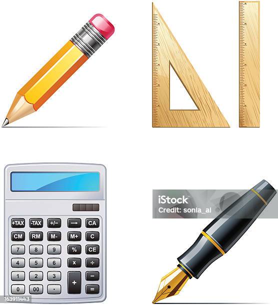 Edukacja Ikony Ołówek Pióro I Kalkulator Linia - Stockowe grafiki wektorowe i więcej obrazów Atrament - Atrament, Bez ludzi, Cal