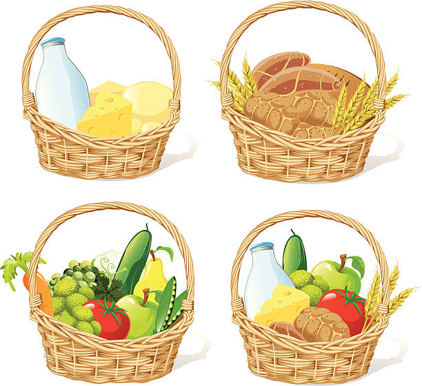 four baskets with milk, cheese, fruit, cereals and vegetable vector art illustration