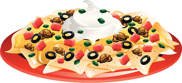 Nachos supreme Illustration of a plate of nachos with everything. nacho chip stock illustrations