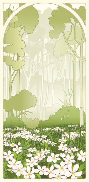 Landscape with spring forest and blossoming anemone flowers