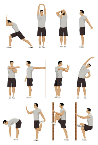 Man doing 12 stretching positions, warming up or relaxing after exercise