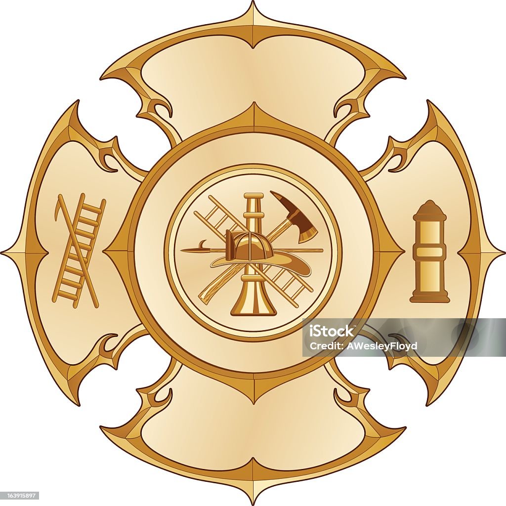 Fire Department Cross Vintage Gold Illustration of a vintage fire department maltese cross in a gold color with firefighter logo inside. Maltese Cross stock vector