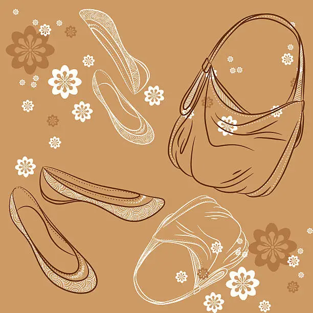 Vector illustration of Shoes, bag and flowers. Туфли, сумка и цветы.