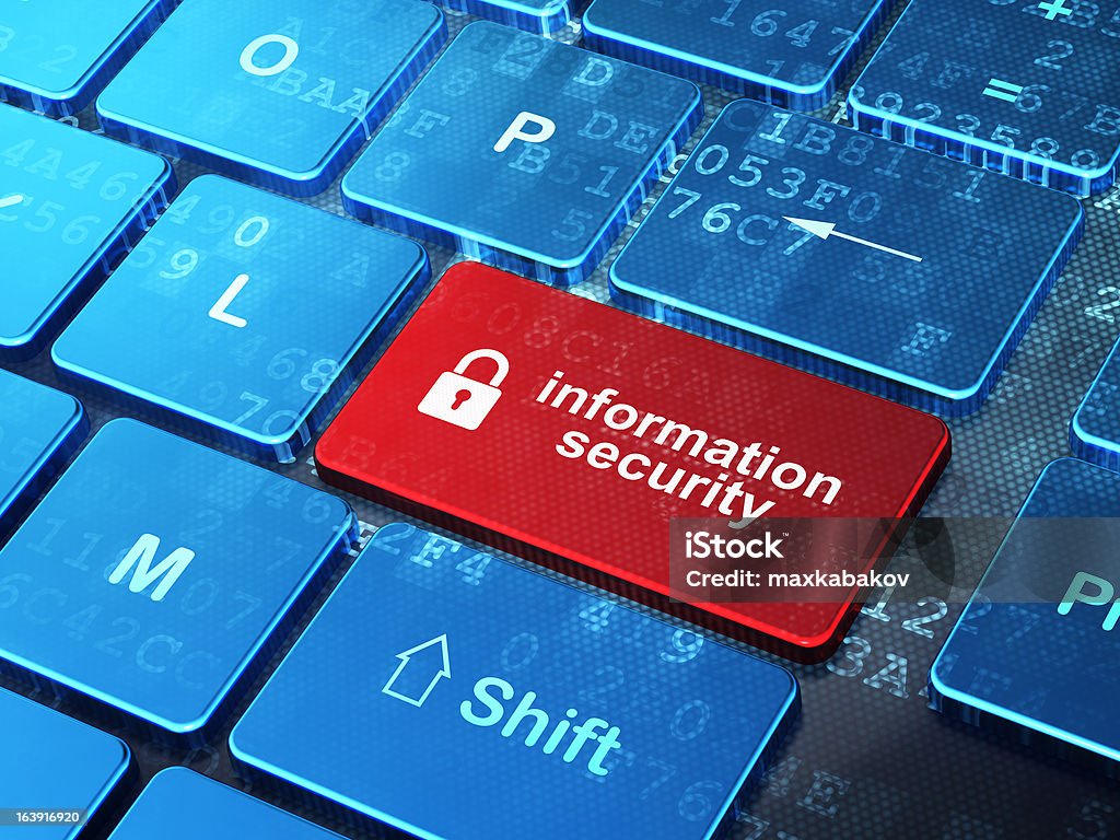 Conceito de privacidade: Teclado de computador com cadeado fechado e Infor - Foto de stock de Azul royalty-free