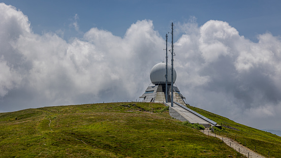 View of the tourist attraction, the radar station on the mountain named 'Grand Ballon' in the Haut-rhin region of the Vosges France
