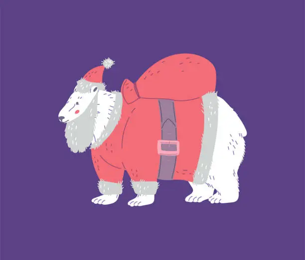 Vector illustration of Standing polar bear in Santa's costume with beard and bag of gifts flat style