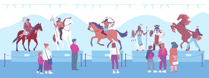 People visiting museum about Native American, flat vector illustration. Sculptures of horses and Indigenous people of America. Native American history and culture.