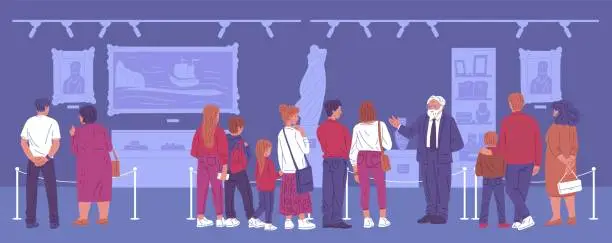 Vector illustration of Museum visitors standing in art gallery, listening to the male tour guide, vector illustration of excursion on dark