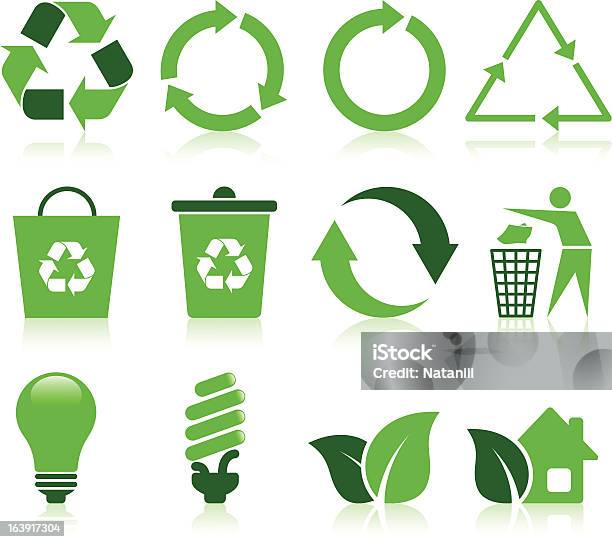 Recykling Ikony - Stockowe grafiki wektorowe i więcej obrazów Symbol recyklingu - Symbol recyklingu, Odzyskiwanie i przetwarzanie surowców wtórnych, Liść