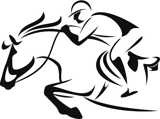 Vector illustration showcasing a horse jumping black and white vector outline of horse and jockey equestrian show jumping stock illustrations