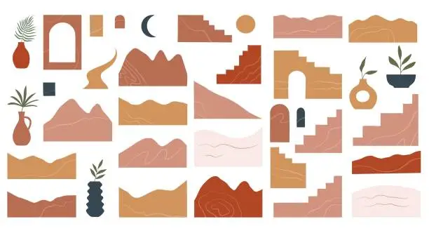 Vector illustration of Set with landscape elements and vases in mid century modern style. Vector mountains and hills in earth tones