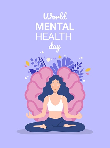 Mental health concept. girl meditates in the lotus position on the background of the human brain. world health day