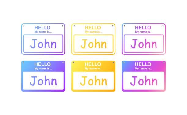 здравствуйте, меня зовут джон, знак. плоский, цветной, здравствуйте, меня зовут, поздравительная тарелка. векторные иконки - hello identity name tag greeting stock illustrations