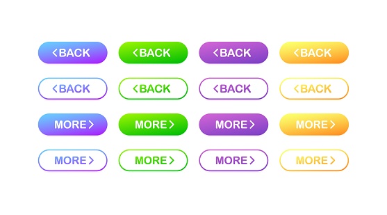 Back, more buttons. Flat, color, button for back, button for more, more sign. Vector icons