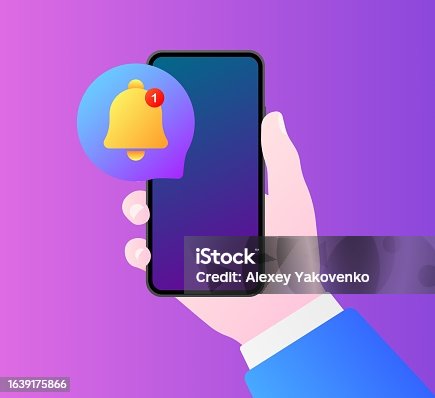istock Phone notification. Flat, color, phone in hand, notification bell. Vector illustration 1639175866