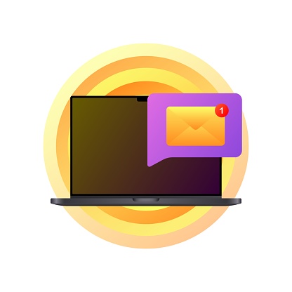 New message icon. Flat, color, new message on laptop, laptop icon, 1 new message. Vector illustration